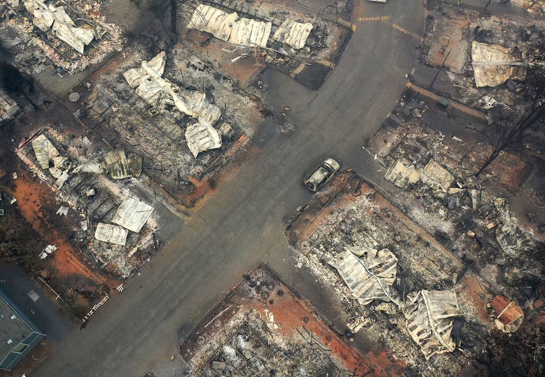 An aerial view of a neighborhood destroyed by the Camp Fire on November 15, 2018 in Paradise, California.