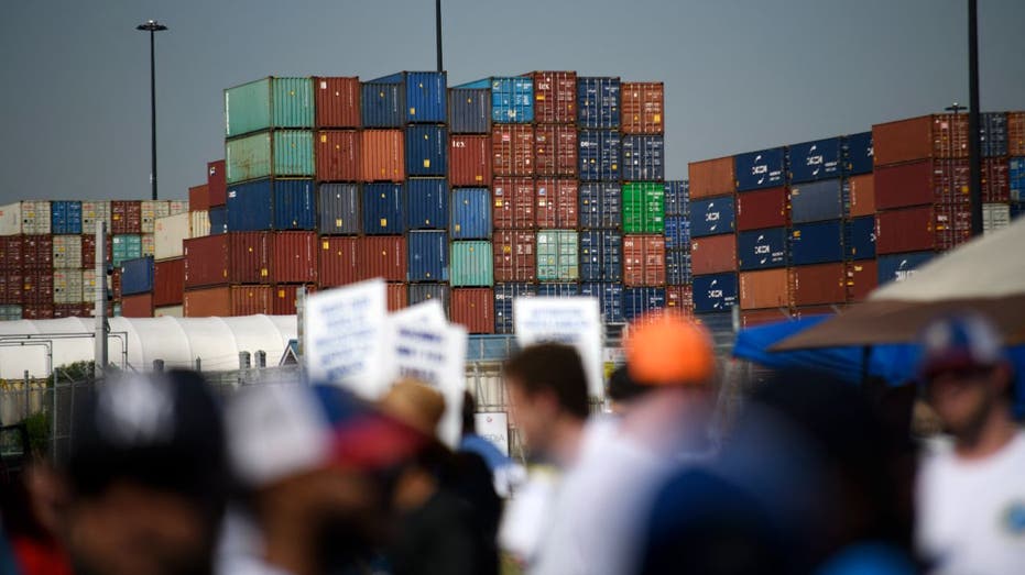 dockworkers picketing at closed port